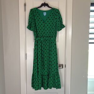 CeCe 12 Flowy Green w Black Polka Dot Midi Dress